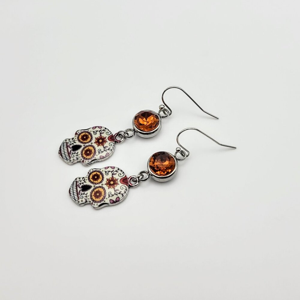 Sugar Skull Orange Citrine Gemstone Dangle Earring